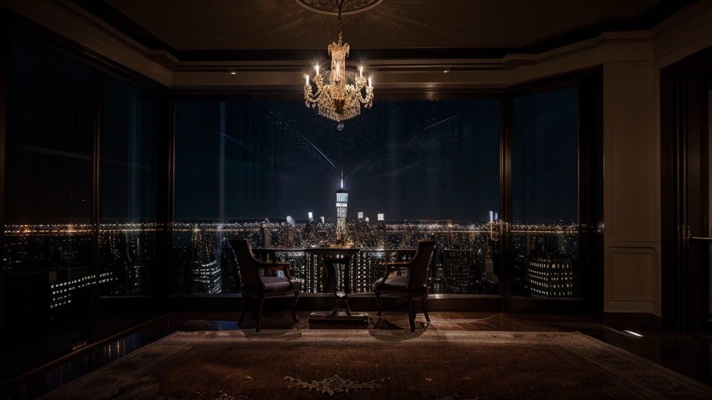NY night scene luxury rich room with three big chandeliers8K RAW Photography The starry sky spreads outside the room.with empire state building image