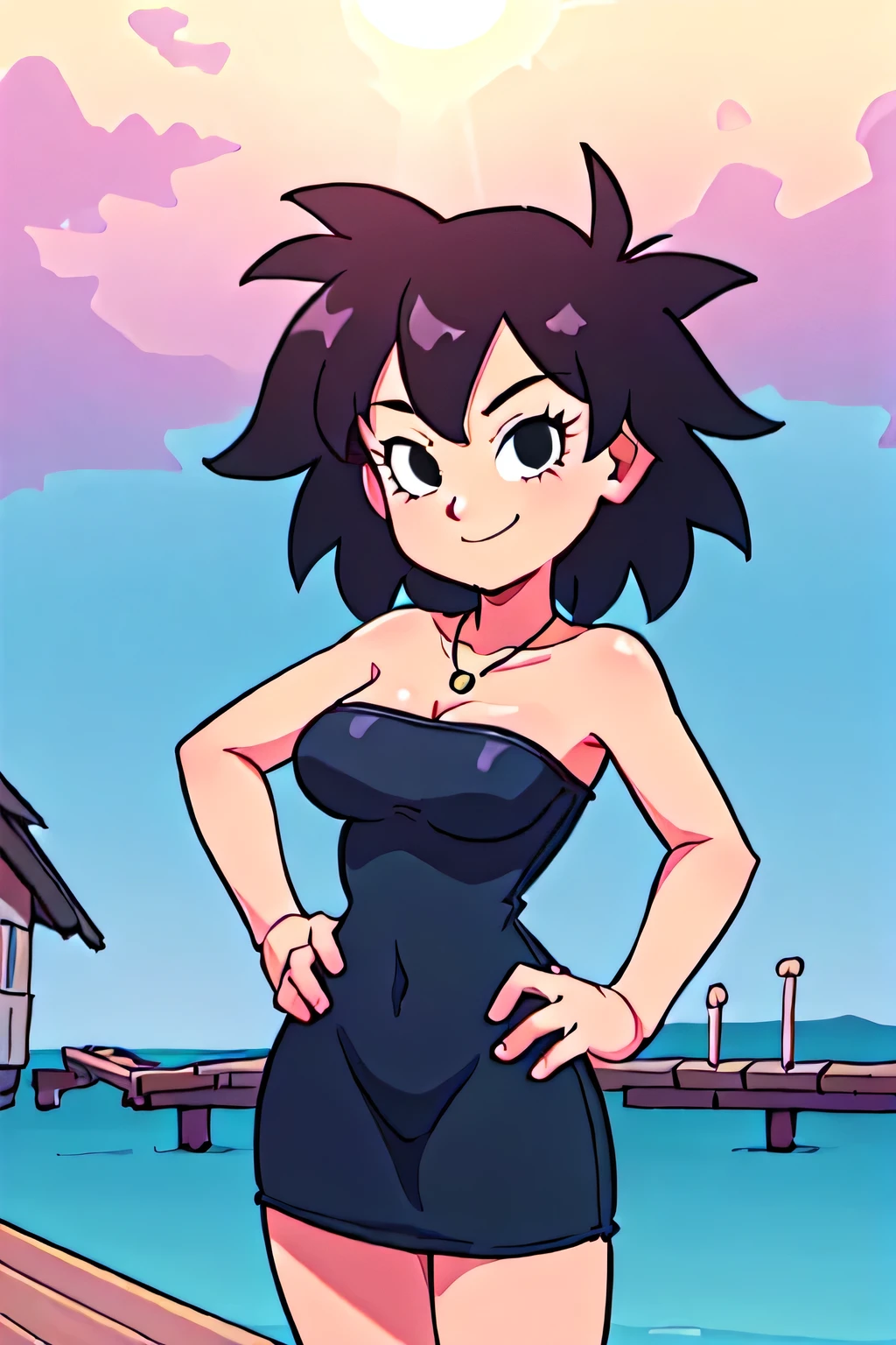 gine, 1girl, sunlight, solo, closed, blue sky, black hair, black eyes, city, bare shoulders, medium breast, collarbone, cowboy shot, short hair, looking at viewer, smile, looking at viewer, spiked hair, strapless black tube dress, necklace, pier, docks, left hand on hips, standing up
