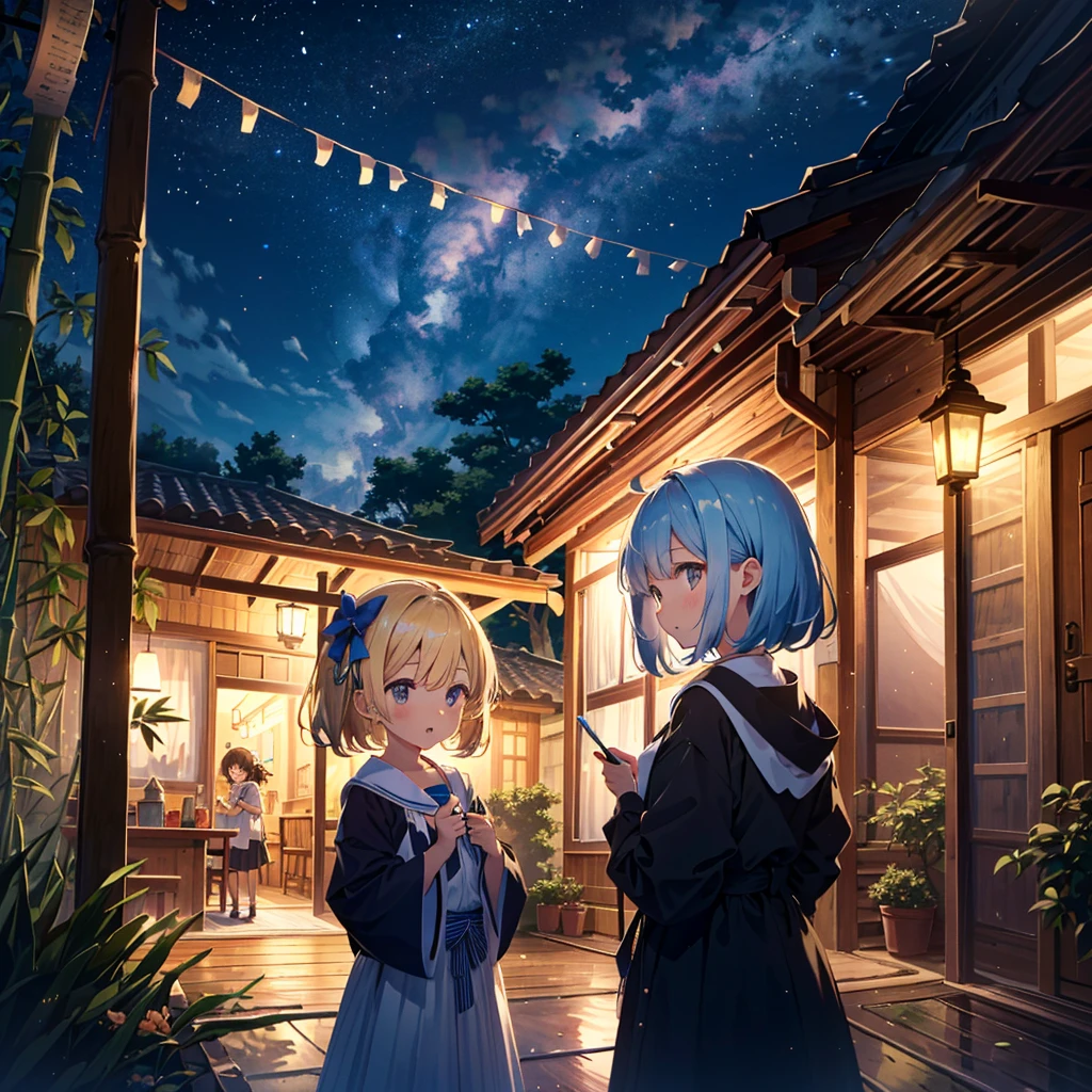 High-definition background, bright and beautiful atmosphere, 3 girls (2 years old, (1 short-tempered round face), (1 child)) (hair, surface effects), color effects), small breasts, blonde hair, veranda, Tanabata... Clothes, bamboo leaves and many strips of paper decorated on the balcony, the girls write their wishes on strips of paper, a very beautiful night sky decorated with many strips of paper, "deltamon_sdXL :0.73) >Deltamon makes an immediate decision.