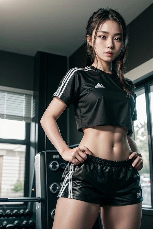 same model , an electric gym , with top and small black shorts
