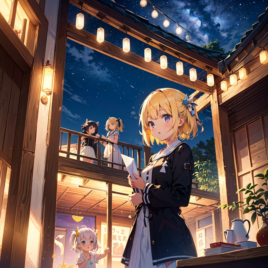 High-definition background, bright and beautiful atmosphere, 3 girls (2 years old, (1 short-tempered round face), (1 child)) (hair, surface effects), color effects), small breasts, blonde hair, veranda, Tanabata... Clothes, bamboo leaves and many strips of paper decorated on the balcony, the girls write their wishes on strips of paper, a very beautiful night sky decorated with many strips of paper, "deltamon_sdXL :0.73) >Deltamon makes an immediate decision.