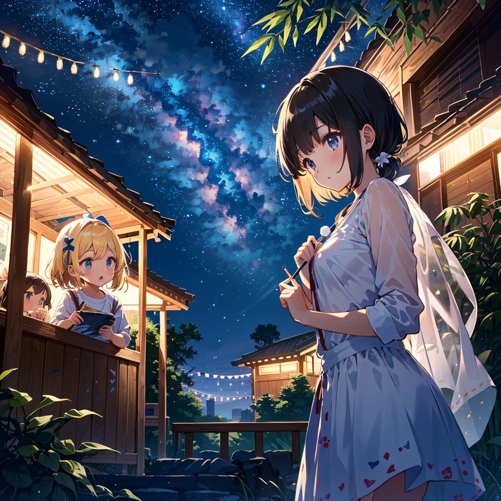 High-definition background, bright and beautiful atmosphere, 3 girls (, (1 short-tempered round face), (1 child)) (hair, surface effects), color effects), small breasts, blonde hair, veranda, Tanabata... Clothes, bamboo leaves and many strips of paper decorated on the balcony, the girls write their wishes on strips of paper, a very beautiful night sky decorated with many strips of paper, "deltamon_sdXL :0.73) >Deltamon makes an immediate decision.