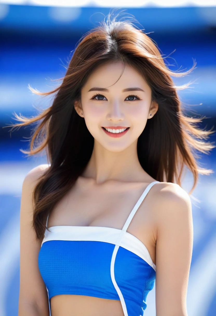 8K, Ultra-high resolution, Highest quality, masterpiece, 三分割法によるphotograph,Surreal, photograph, 1 Girl, (16 years old:1.3), pretty girl, Cute face, Beautiful eyes in every detail, 細かくdetailedに,masterpiece,, One Girl:1.2, Japan Female Announcer,Highest quality, Highest quality, 16K, Unbelievably absurd, 非常にdetailed, 2.5D, delicate and dynamic, blue sky, Confetti, Racing Car, Checkered Flag, Small face, Very delicate facial expressions, Delicate eye depiction, Upper body close-up, Only sexy women, Healthy body shape, 22-year-old woman, Race Queen, Height: 170cm, Big companies go bankrupt, Silvery long hair, Sexy long legs, 派手なRace Queenのコスチューム, Blue long skirt, White Leather Long Boots, Formula 1, Auto Racing Track,Beautiful leg line beauty,Captivating thighs,Full of sex appeal,Sensual,A carefree smile,Heal the heart,Short ponytail、beauty,Long neck、Laugh a little、Please close your mouth and laugh、(((Ideal body type))),A cup small breasts :2,、Portraiture:2、Perfect Anatomy、鮮明なdetailed、detailed、Surreal、Light and shadow,Strong light