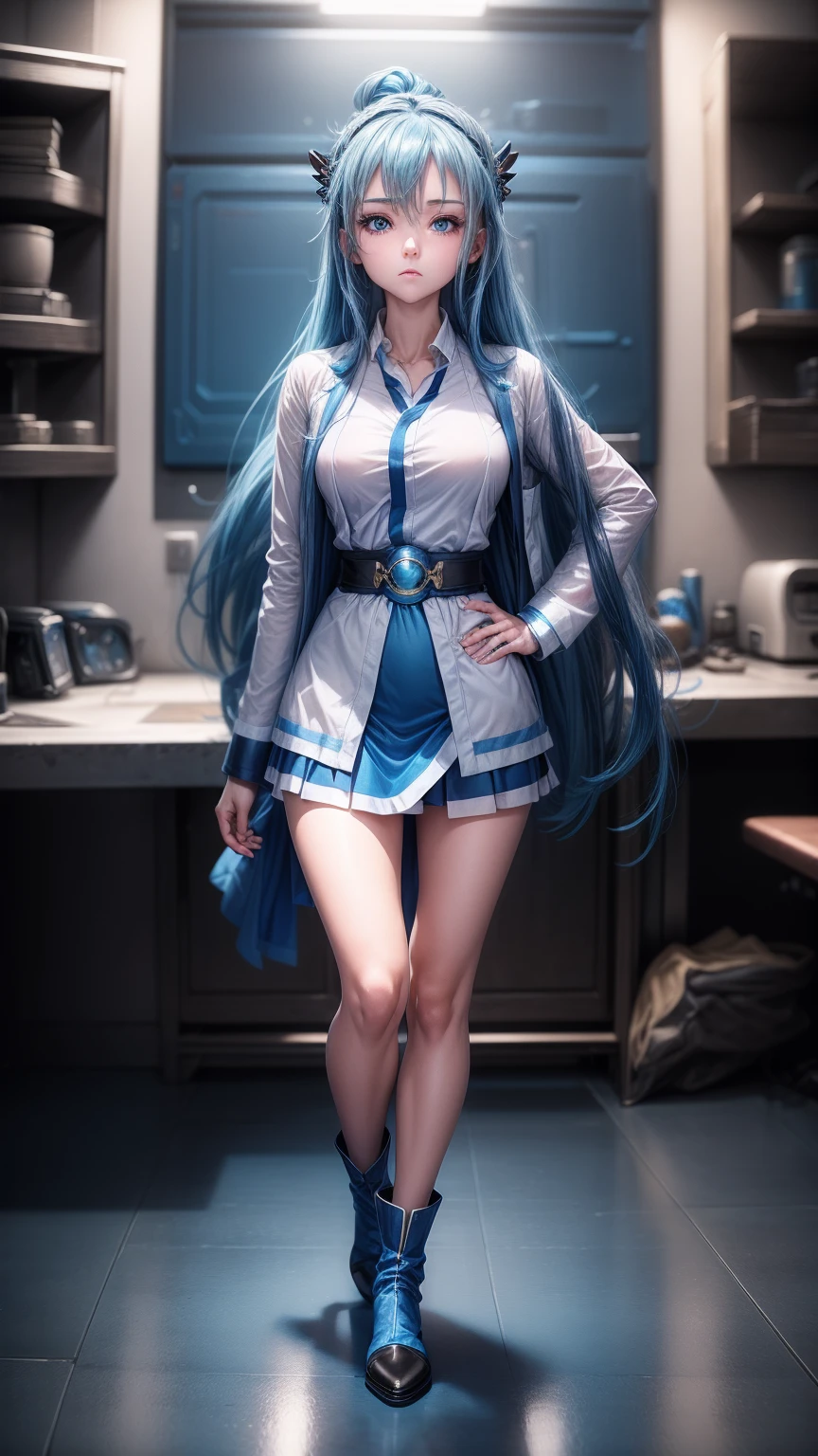 masterpiece, best quality, high quality, high resolution, 1 Girl, Solitary, water blue (Konosuba), Blue Hair, Long hair, blue eyes, White shirt ,Long white coat, Black Office Skirt, High Leg Raise, whole body, permanent, Hands in pockets, boring, Depth of Field, laboratory,