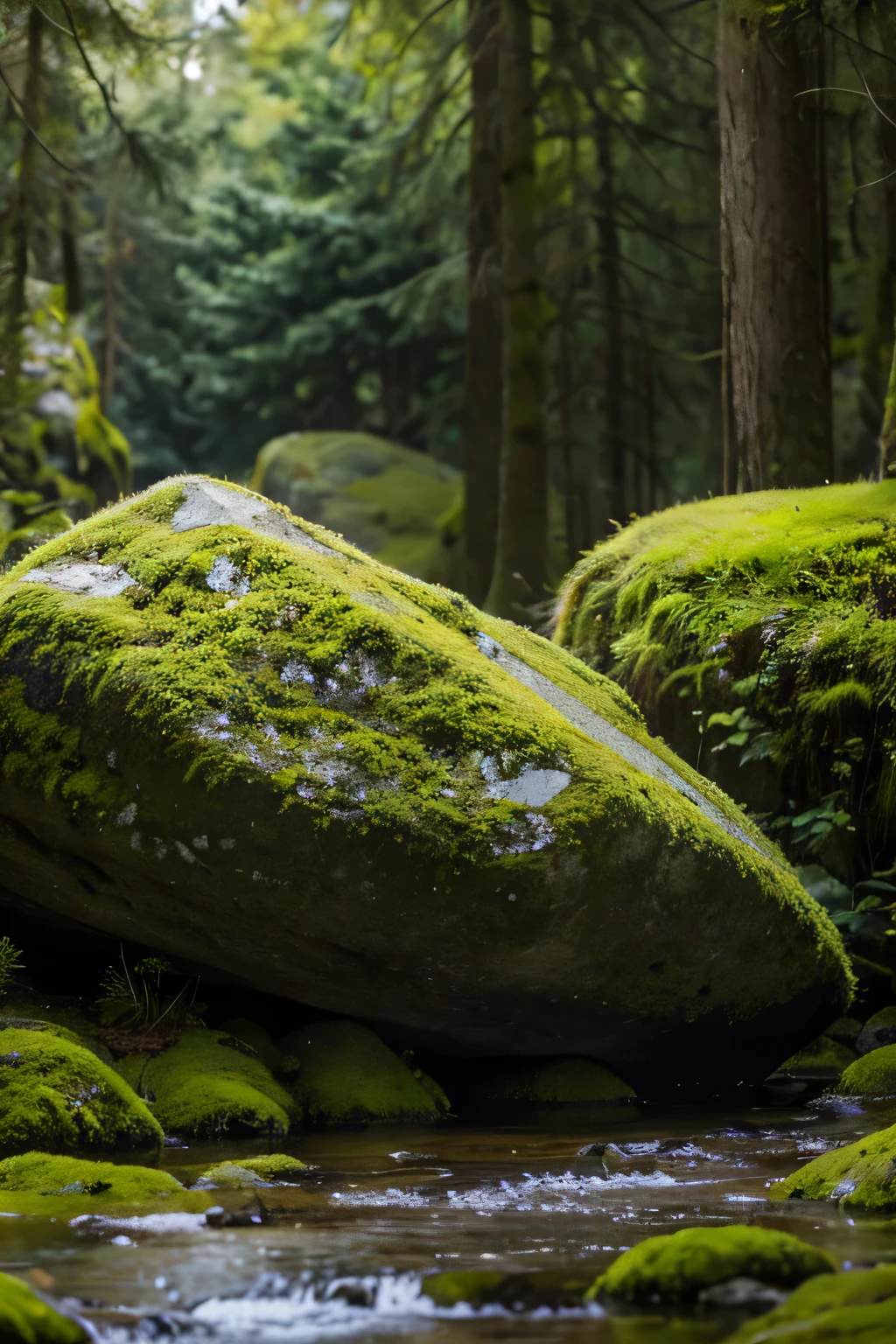 A huge stone in the forest. Moss grows on the stone. A light shines on the stone.