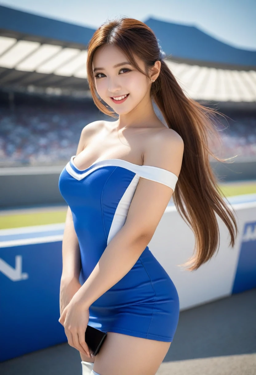 8K, Ultra-high resolution, Highest quality, masterpiece, 三分割法によるphotograph,Surreal, photograph, 1 Girl, (:1.3), pretty girl, Cute face, Beautiful eyes in every detail, 細かくdetailedに,masterpiece,, One Girl:1.2, Japan Female Announcer,Highest quality, Highest quality, 16K, Unbelievably absurd, 非常にdetailed, 2.5D, delicate and dynamic, blue sky, Confetti, Racing Car, Checkered Flag, Small face, Very delicate facial expressions, Delicate eye depiction, Upper body close-up, Only sexy women, Healthy body shape, 22-year-old woman, Race Queen, Height: 170cm, Big companies go bankrupt, Silvery long hair, Sexy long legs, 派手なRace Queenのコスチューム, Blue long skirt, White Leather Long Boots, Formula 1, Auto Racing Track,Beautiful leg line beauty,Captivating thighs,Full of sex appeal,Sensual,A carefree smile,Heal the heart,Short ponytail、beauty,Long neck、Laugh a little、Please close your mouth and laugh、(((Ideal body type))),A cup small breasts :2,、Portraiture:2、Perfect Anatomy、鮮明なdetailed、detailed、Surreal、Light and shadow,Strong light