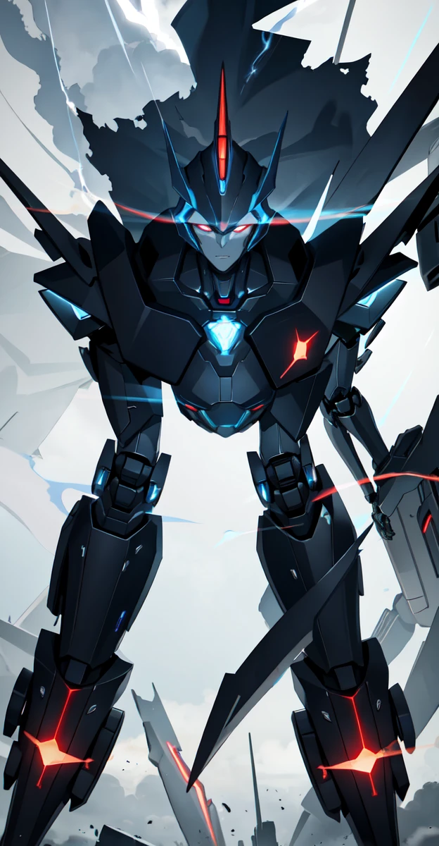 A colossal robot standing in the midst of a violent thunderstorm. The robot has a powerful and intimidating presence with a sleek, armored body in shades of dark blue and red. Its eyes are glowing brightly, and a radiant energy core is visible on its chest. Lightning bolts are striking around and onto the robot, illuminating the scene with intense, dramatic light. The robot’s cape is tattered and flutters in the fierce wind. The background is filled with dark, stormy clouds, with occasional bursts of lightning cutting through the sky. The overall atmosphere is intense and electrifying, conveying a sense of epic power and dominance.