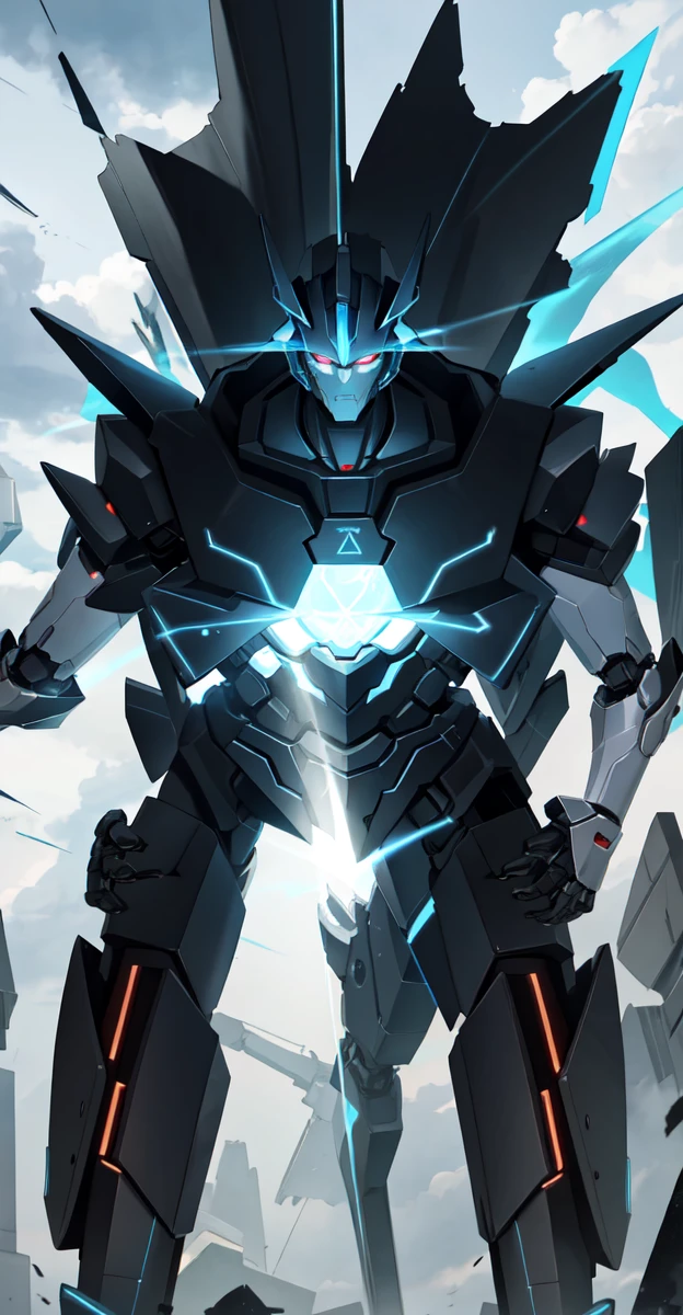 A colossal robot standing in the midst of a violent thunderstorm. The robot has a powerful and intimidating presence with a sleek, armored body in shades of dark blue and red. Its eyes are glowing brightly, and a radiant energy core is visible on its chest. Lightning bolts are striking around and onto the robot, illuminating the scene with intense, dramatic light. The robot’s cape is tattered and flutters in the fierce wind. The background is filled with dark, stormy clouds, with occasional bursts of lightning cutting through the sky. The overall atmosphere is intense and electrifying, conveying a sense of epic power and dominance.