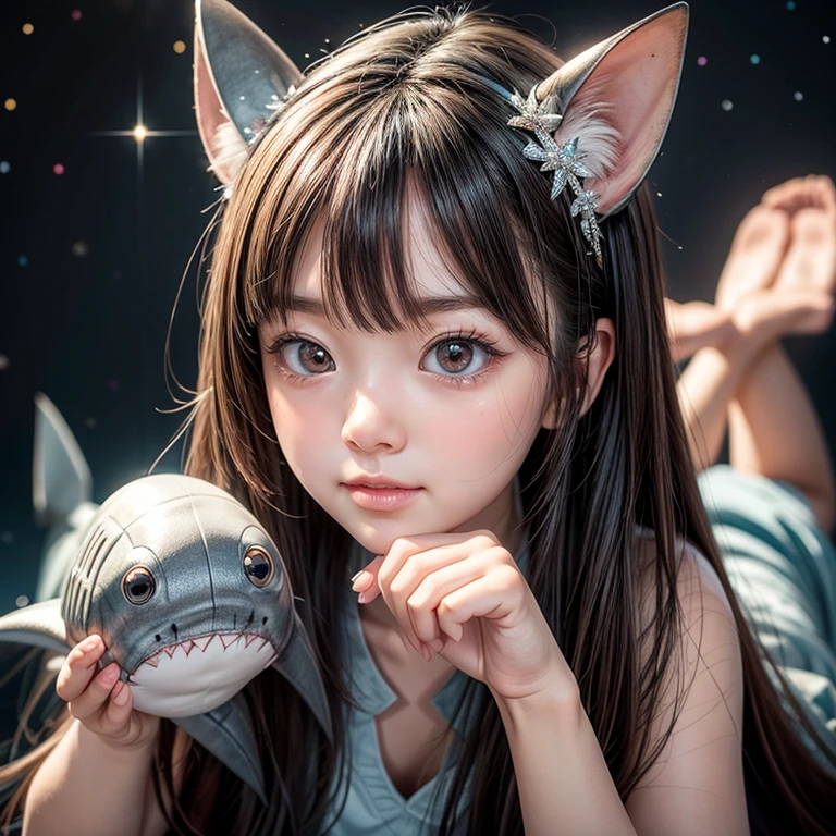 ((( stuffed full body Shark on Head))), 8k, High-level, absurd, masterpiece, best quality, primitive, very detailed CG, very detailed wallpaper, perfect lighting, Extremely detailed ((( personifying " Shark " as a Little Girl))), MysticSight, Tyndall effect, Tyndall scattering, (Studio gray background with (Overflowing oodles Dazzling RainbowColorParticles (BokeH))), (RoundlyButts, ThighGap), (Exposed:0.4), (Assfocus with looking ahead) BREAK (Acutance:0.88), (NOGIZAKA face variations) Extremely Detailed very KAWAII face variations, perfect anatomy, Childish, CaptivatingGaze ElaboratePupils detailed Eyes with (sparkling highlights:1.28), (Voluminous LongEyelashes:0.88)、GlossyRED Lips with beautiful details, RosyCheeks, Radiant PearlSkin with Transparency . { (Dynamic LifeLike expressions:1.4) | (:d) }, (large eyes:-1) . ((no animal ears))