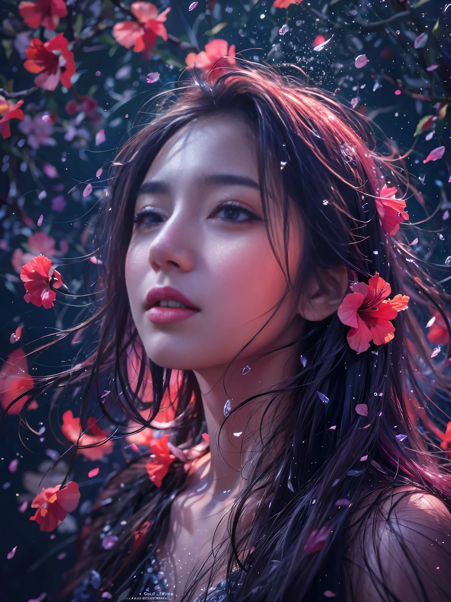 hibiscus Moon with water drops，neonlight，Random background，sunraise，bokha mood，A girl with long flowing hair，The petals fall in the wind，Nikon photo effect