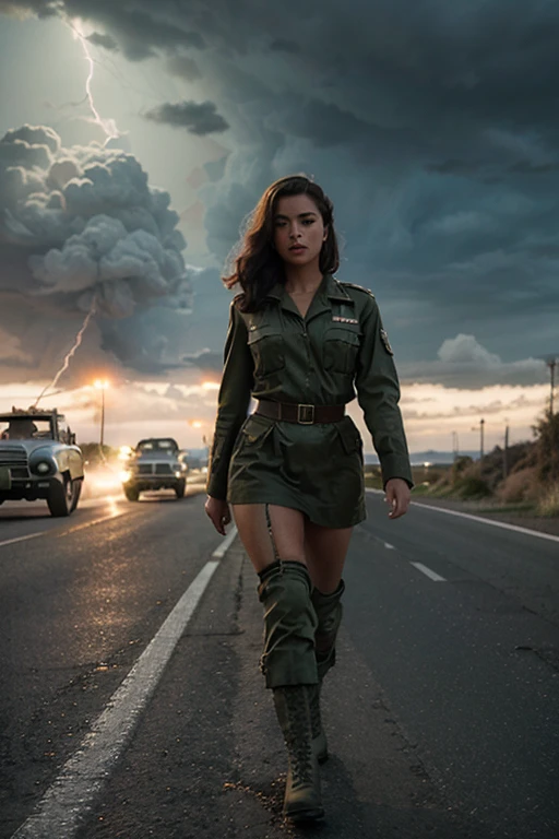 (vintage),(Cartel),(Retro) (comics) girl in military uniform, (walking to the horizon) post war city) destroyed vehicles on the road, lightning, cinamatografica, cloudy sky
