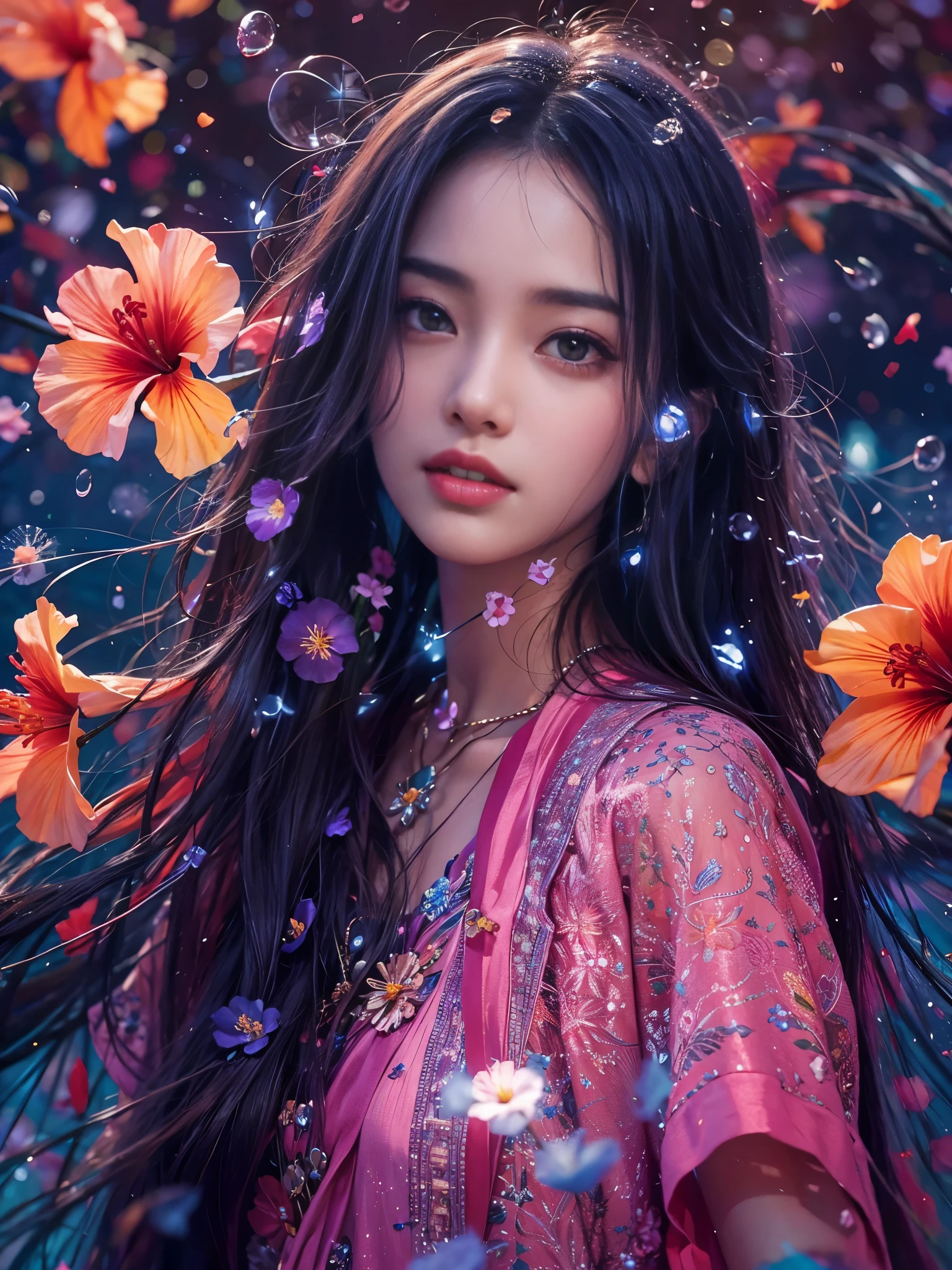 hibiscus Moon with water drops，neonlight，Random background，sunraise，bokha mood，A girl with long flowing hair，The petals fall in the wind，Nikon photo effect