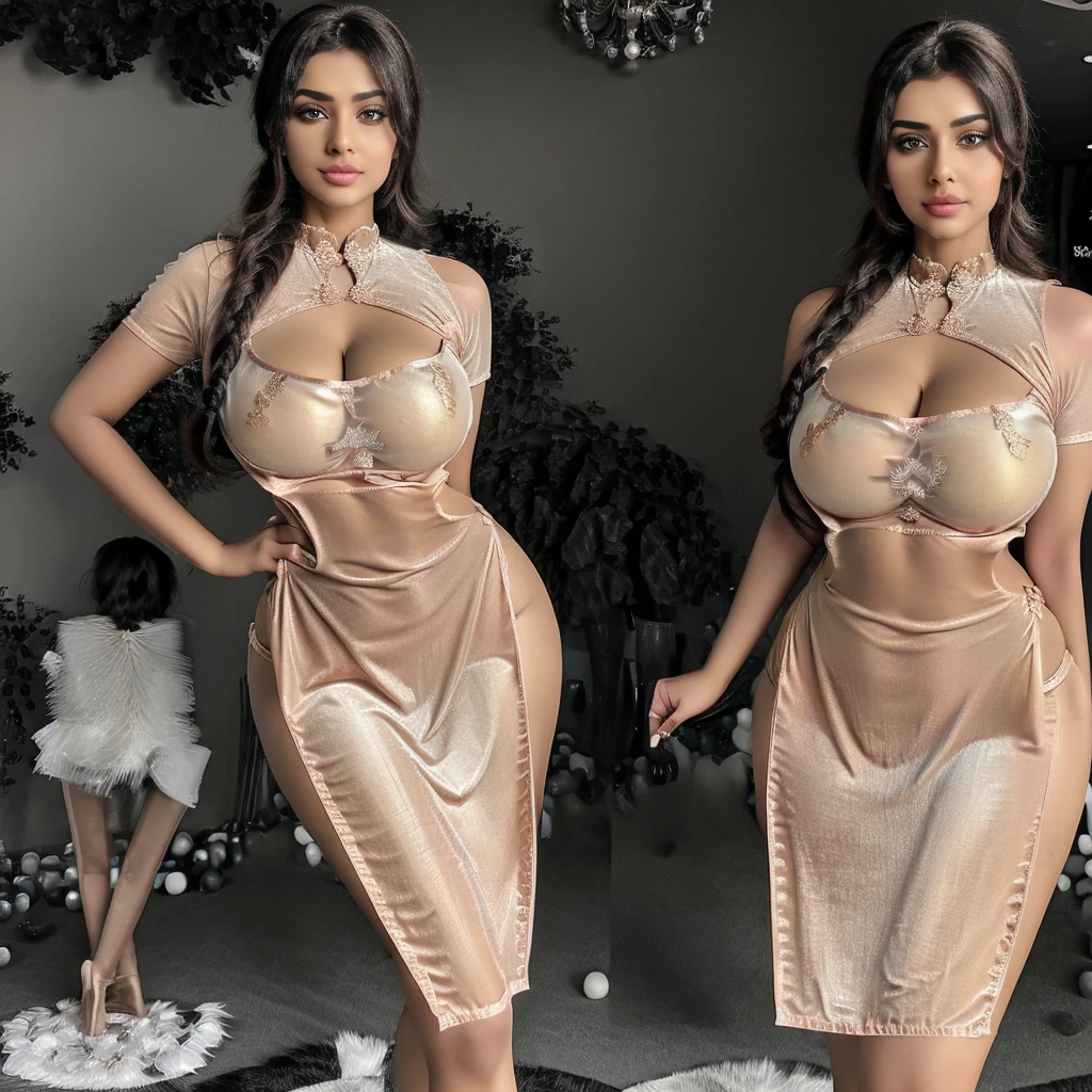 curvy Indian woman standing in the mall with huge breasts. She is wearing hot short sleeve plain spandex saree. She is wearing transparent square neck saree blouse. big eyes, perfect wine eyes, fantastic face, beautiful look, with Plump female body, she has a busty body, She is showing deepest v cleavage. Her hair is styled in loose waves.