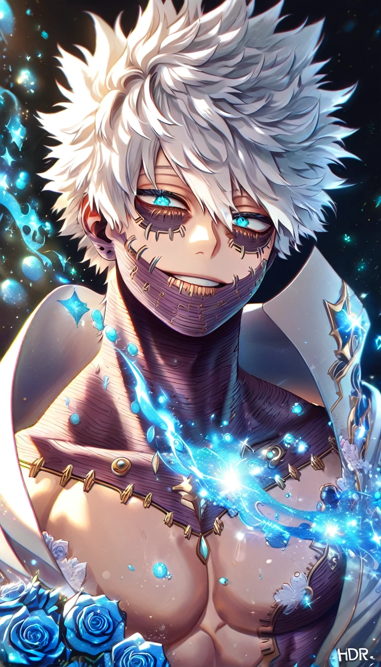 (absurdres, highres, ultra detailed, HDR) master piece, best quality, extremely detailed face, delicated features, Dabi, white hair, expressive turquoise eyes, Boku No Hero Academia, solo, sexy man, handsome, smile, white coat, bare chest, magical fantasy, glittering, sparkling, blue roses, radiant, blue sparkling fireflies, blue fire, envy magical, fantasy