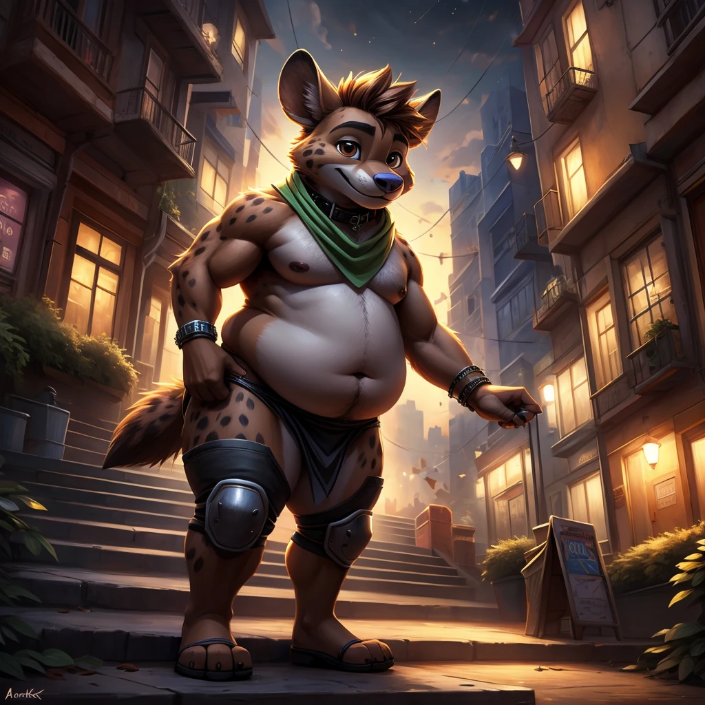 Epic Zootopia Adventures Character Zootopia Very Obese Kid, Anime style, full body image, neighborhood style, in Zootopia Steps Weight gain progress, full body pic (obese, strong legs and arms), zootopia citizen kid, He is a obese Glotton, He is using protein to grow and fatten, Zootopia city, detailed face, detailed eyes, high resolution, detailed hands, detailed body  No lighting deep shadows, masterpiece, high quality, Empty, Solitary, Obese teenager hairy, hairy, Fat teenager, hyena, Only has spiky brown hair on head, collar, Brown eyes, goggles, Black loincloth, green scarf, Elbow pads, Knee pads, masterpiece, muscles, Detailed hands, Delicate face, delicate eyes, Detailed body, Flat body, paw, high resolution, Metal bracelet on wrist, metal handcuffs on ankles, No shirt, No underwear, Crowded city, night, Lean forward, Kenkert&#39;s art