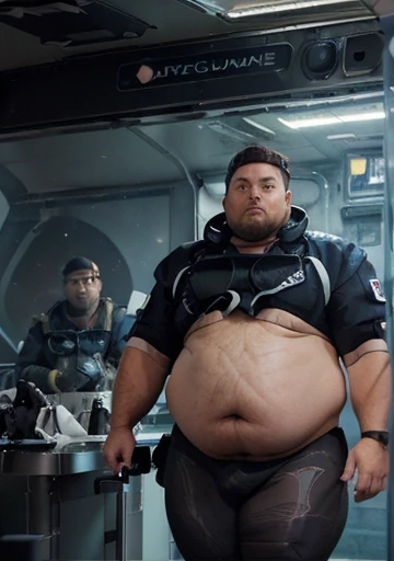 (((Chubby male extremely thick thighs large belly fat The captain of the astronauts is a plump, chubby man, extremely thick thighs, a large belly, fat))). Passing inside the spaceship laboratory, He is holding tools to fix something. You are in a futuristic room. He is holding a glass of wine 🍷, ((( he walks around checking the security cameras)))