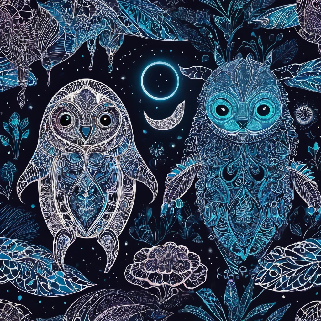 Create a visually stunning and captivating representation of never-before-seen magical creatures from Mars. These creatures are both cute and dark, with a unique bioluminescent quality. The design should incorporate elements of zentangle art, with intricate and mesmerizing patterns. The creatures should appear in a 3D format, with a cinematically-inspired background. Emphasize the mysterious and awe-inspiring nature of these creatures through the use of dark colors and contrasting bioluminescent zentangle lines. The final result should be a mesmerizing and otherworldly depiction of these unknown beings from the red planet. 