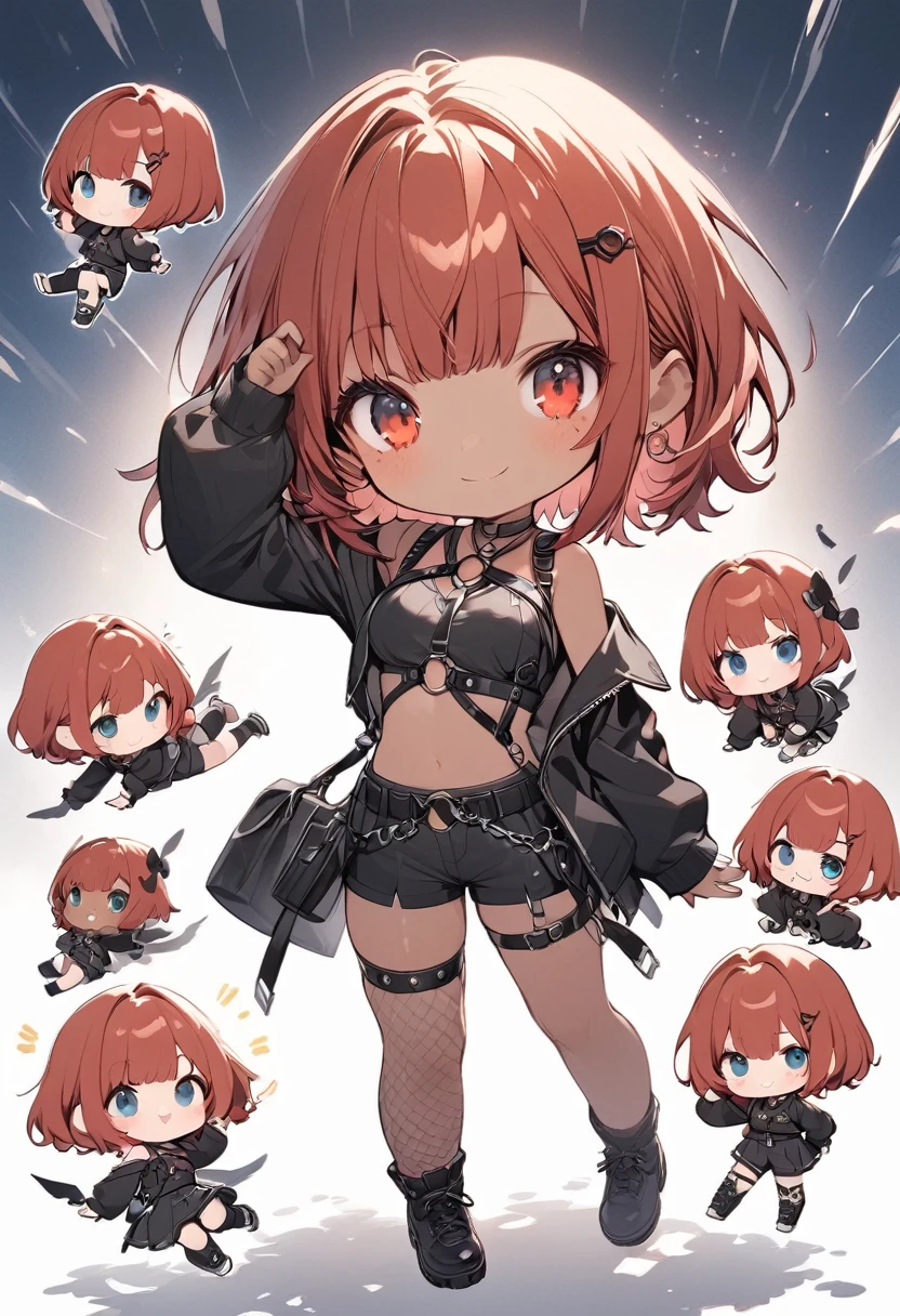 full body,1 girl, (cute:1.3),short red Hair, left eye blue, right eye yellow, tan skin, freckles,｛open sexy clothes, black skirt, Black stockings, long sleeves, chest harness, black shirt, crop top, shorts, Shoes, O-Ring, midriff, off shoulder, medium breasts, thigh strap, shorts, fishnet stockings,Glossy, shiny material, chibi emote, chibi character, cute pose