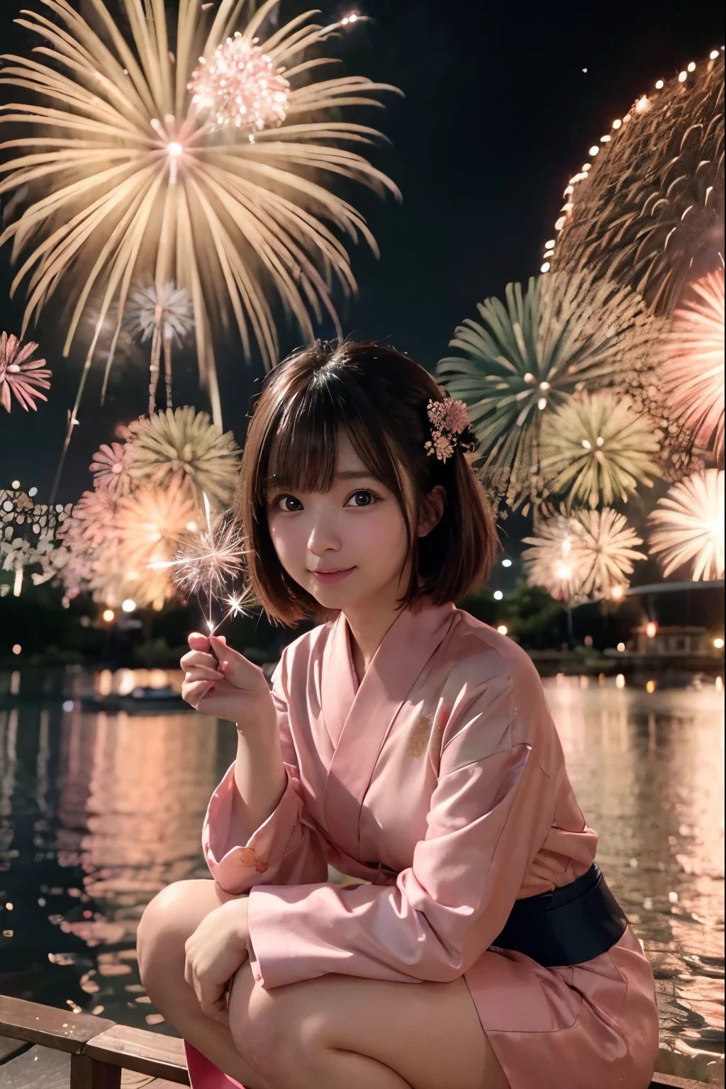 Perfectly Anatomically Correct:1.4, 5 Beautiful finger:1.4, 
Shooting-up Fireworks are Prohibited:1.8, 
1 Japanese Girl, Very Short Hair Bun:1.2, Wide-Set Eyes, Very White Skinned, Blush, Bashfully, 18-Year-Old, Open Mouse Slightly, 
Cute Eyes, Brown Hair, Light Smiling, Cheerful, 
(Japanese Sparklers Within Reached Arm:1.4), 
(Point Fireworks at Viewer:1.4), 
Squatting:1.2, (Pale-Red Japanese Clothes, Yukata, Kimono), 
Non-Nipple:1.2, 
Looking Up Viewer:1.2, 
Riverside, 
 BREAK 
8K, RAW Photo, Best Quality, Masterpiece, Realistic, PhotoRealistic, Extremely Detailed 8K Wallpaper, Beautifully Detailed Eyes, Finely Detailed Face, POV Shot, 
 BREAK 
High-Key Lighting, Professional Lighting, Bokeh:1.2