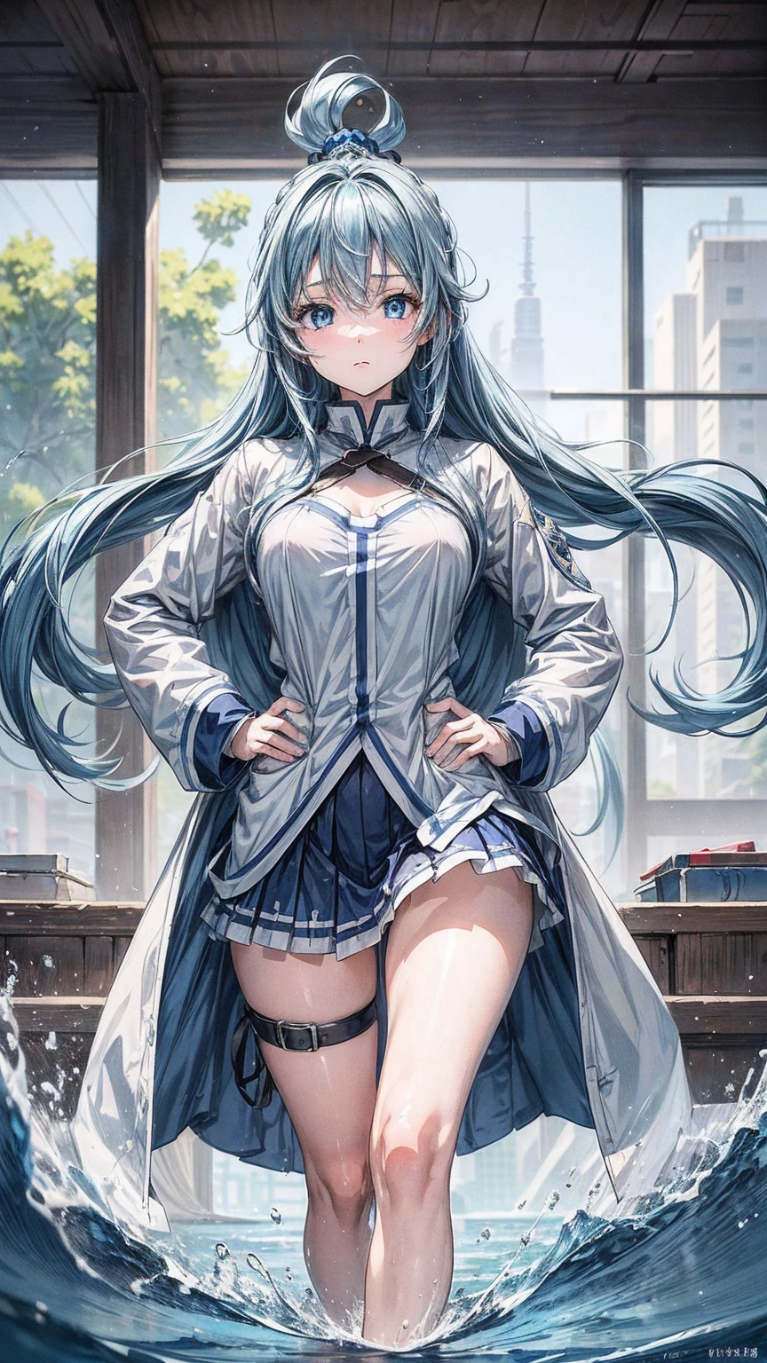 masterpiece, best quality, high quality, high resolution, 1 Girl, Solitary, water blue (Konosuba), Blue Hair, Long hair, blue eyes, White shirt ,Long white coat, Black Office Skirt, High Leg Raise, whole body, permanent, Hands in pockets, boring, Depth of Field, laboratory,