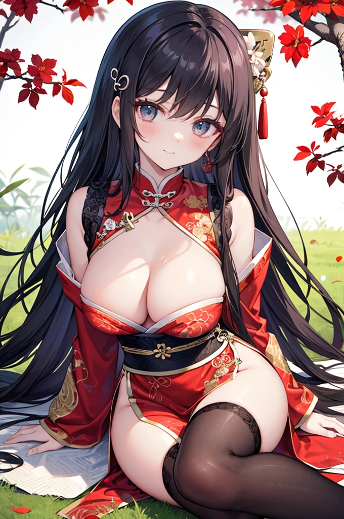 Beautiful Chinese girl,Wearing Hanfu,Wearing black stockings,(transparent),Black long hair,watcher,Upper Body,Sitting on the grass,Lovely,A slight smile on the face,Large bust,Beautiful breasts,Delicate breasts,Cleavage close-up,(Slim legs:10.0),Peerless Beauty,Wearing Chinese ancient jade hairpin jewelry,Red leg