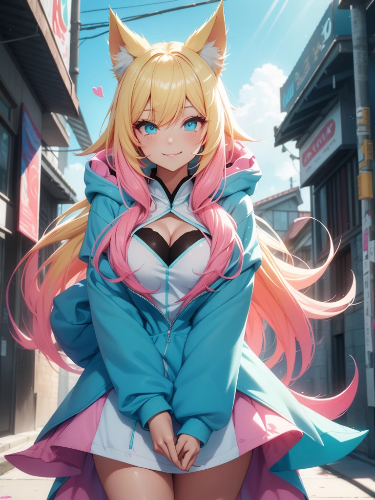 Ahri wearing cyan very large hoodie; blonde hair with pink details; beautiful detailed eyes; smiling face; longeyelashes; perfect eyes; her tails forming a heart shape behind her, standing on a sidewalk, sun shining, vivid colors, photo-realistic, portraits, medium:illustration. (best quality,ultra-detailed,HDR,colorful vivid appearance,studio lighting)