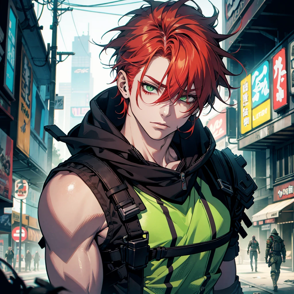1 chico, redhead, high, muscular, White skin, parts, green eyes, postapocalyptic world, technology, deaf, Neon colors, poor clothes, neon lights, punk style