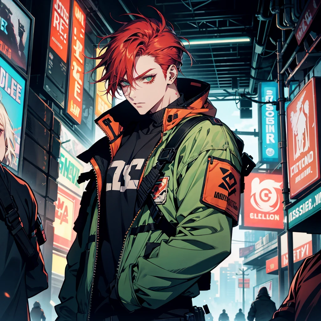 1 chico, redhead, high, muscular, White skin, parts, green eyes, postapocalyptic world, technology, deaf, Neon colors, poor clothes, neon lights, punk style