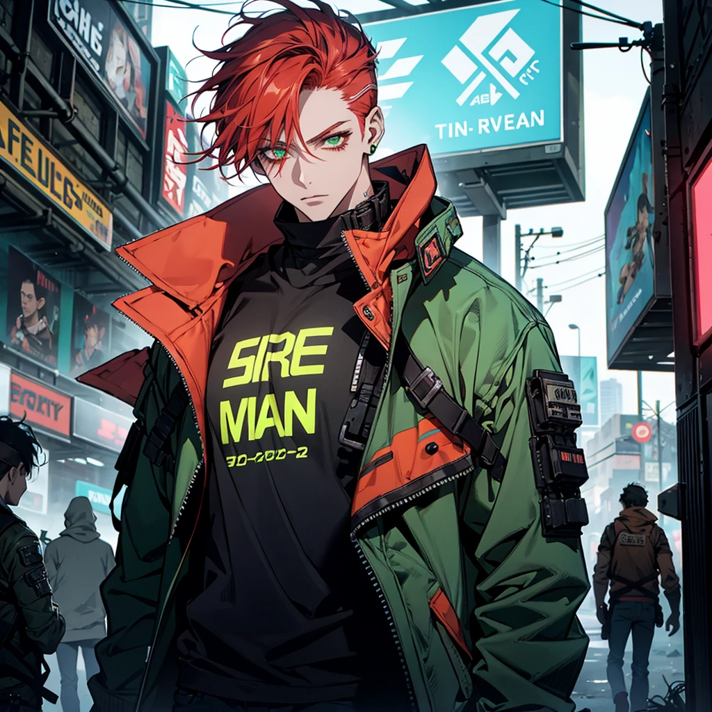 1 chico, redhead, high, muscular, White skin, parts, green eyes, postapocalyptic world, technology, deaf, Neon colors, poor clothes, neon lights, punk style