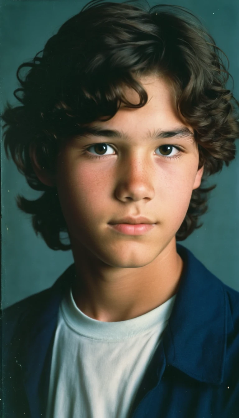 analog film photo, modern day photo of a young student, 14 years-old, male, brown-black hair, long curly hair, brown eyes, caucasian, round face, oval-shaped jawline, bulbous nose, full lips, thick eyebrows, soft features, stocky broad frame, chubby, fat, resembles a young Dean Cain, (relaxed school uniform:1.1), silhouette, backlit, split lighting, half face in shadow, RAW Photograph, dslr, hard lighting, hard shadows, high quality, film grain, Fujifilm XT3, detailed skin with visible pores, insane details, masterpiece, 8k, 35mm photograph, dslr, kodachrome, faded film, desaturated, 35mm photo, grainy, vintage, Kodachrome, Lomography, stained, highly detailed, found footage, yearbook portrait, contemporary, 2024