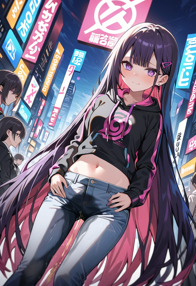 (masterpiece:1.37), best quality, (extremely detailed:1.37), woman, (very long hair:1.5), dark purple hair, purple eyes, (extremely detailed eyes:1.37), hoodie, navel, jeans, open fly, desperation, (wetting: self 3.0), standing, city, futuristic, neon lighting, high-tech