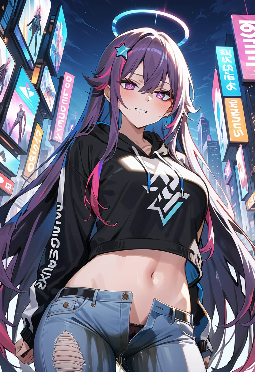 (masterpiece:1.37), best quality, (extremely detailed:1.37), woman, (very long hair:1.5), dark purple hair, purple eyes, (extremely detailed eyes:1.37), hoodie, navel, jeans, open fly, desperation, (wetting: self 3.0), standing, city, futuristic, neon lighting, high-tech