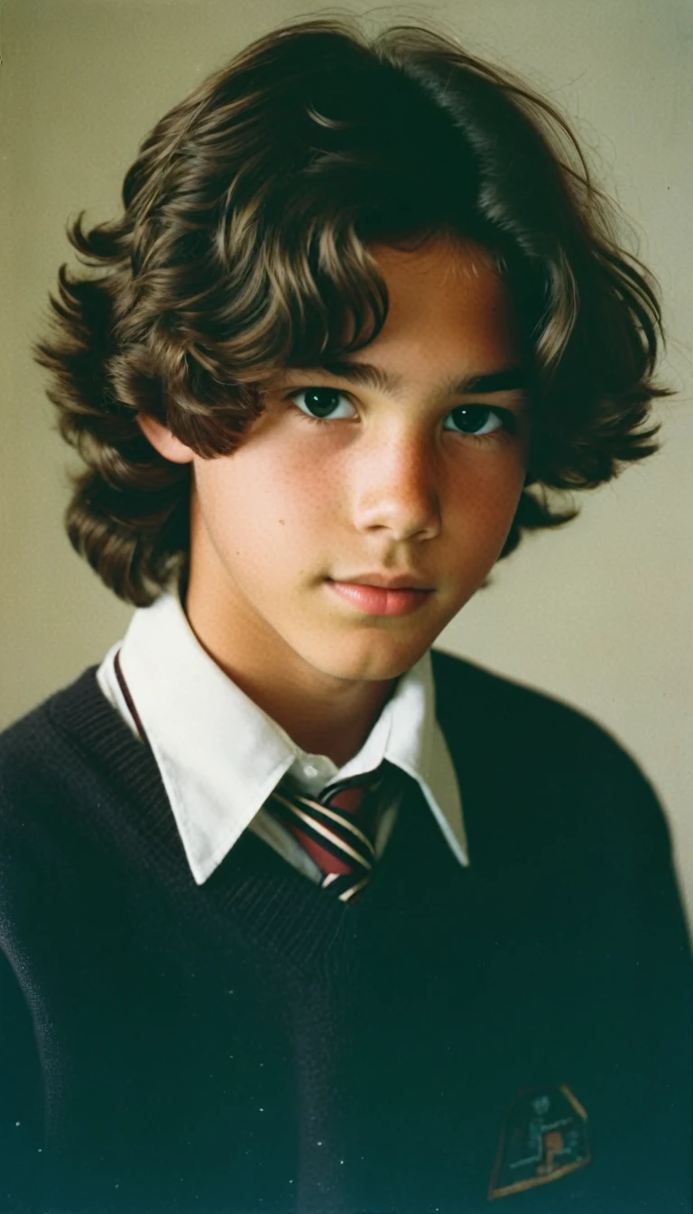 analog film photo, modern day photo of a young student, 13 years-old, male, brown-black hair, long curly hair, brown eyes, caucasian, round face, oval-shaped jawline, bulbous nose, full lips, thick eyebrows, soft features, stocky broad frame, chubby, fat, resembles a young Dean Cain, (relaxed school uniform:1.1), silhouette, backlit, split lighting, half face in shadow, RAW Photograph, dslr, hard lighting, hard shadows, high quality, film grain, Fujifilm XT3, detailed skin with visible pores, insane details, masterpiece, 8k, 35mm photograph, dslr, kodachrome, faded film, desaturated, 35mm photo, grainy, vintage, Kodachrome, Lomography, stained, highly detailed, found footage, yearbook portrait, contemporary, 2024