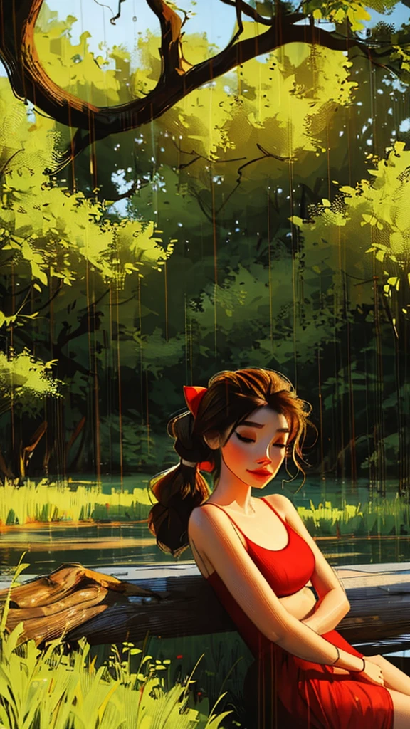 a hyper-realistic portrait of a young woman, half asleep, under a tree, inside a forest, lots of rain, in the middle of nature, 22 years old, realistic, (lying on her side), she is wearing a red panties, (wearing minimal dress), sexy, (huge breasts 2:1), wet clothing, short brown hair, (hair tied with bows), curved, SFW