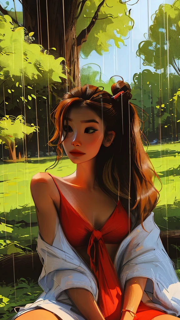a hyper-realistic portrait of a young woman, half asleep, under a tree, inside a forest, lots of rain, in the middle of nature, 22 years old, realistic, (lying on her side), she is wearing a red panties, (wearing minimal dress), sexy, (huge breasts 2:1), wet clothing, short brown hair, (hair tied with bows), curved, SFW