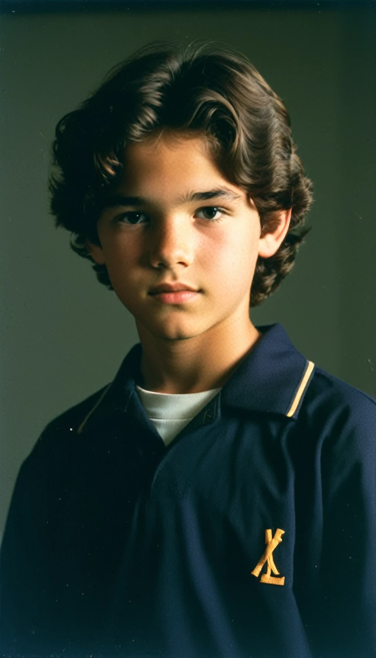 analog film photo, modern day photo of a young student, 13 years-old, male, brown-black hair, long curly hair, brown eyes, caucasian, round face, oval-shaped jawline, bulbous nose, full lips, thick eyebrows, soft features, stocky broad frame, chubby, fat, resembles a young Dean Cain, (relaxed school uniform:1.1), silhouette, backlit, split lighting, half face in shadow, RAW Photograph, dslr, hard lighting, hard shadows, high quality, film grain, Fujifilm XT3, detailed skin with visible pores, insane details, masterpiece, 8k, 35mm photograph, dslr, kodachrome, faded film, desaturated, 35mm photo, grainy, vintage, Kodachrome, Lomography, stained, highly detailed, found footage, yearbook portrait, contemporary, 2024