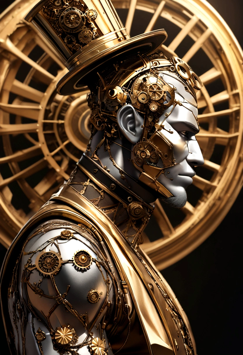 A centered profile of a 3D MAN with an illustrated face facing right, sharp jawline and chin, broad and wide chin, and well-defined facial structure, styled stubble with metalic facial hair, metal skin, well designed golden eyebrows, wearing a top hat on his head headwith gears on it, digital art inspired by Hedi Xandt, kinetic art, made from gold metal gears, vintage, steampunk, gold with green veins, metallic background, open copy space, metal skin., textured skin, super detail, high details, high quality, award winning