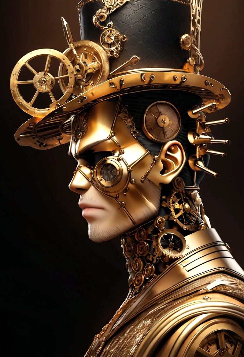 A centered profile of a 3D MAN with an illustrated face facing right, sharp jawline and chin, broad and wide chin, and well-defined facial structure, styled stubble with metalic facial hair, metal skin, well designed golden eyebrows, wearing a top hat on his head headwith gears on it, digital art inspired by Hedi Xandt, kinetic art, made from gold metal gears, vintage, steampunk, gold with green veins, metallic background, open copy space, metal skin., textured skin, super detail, high details, high quality, award winning