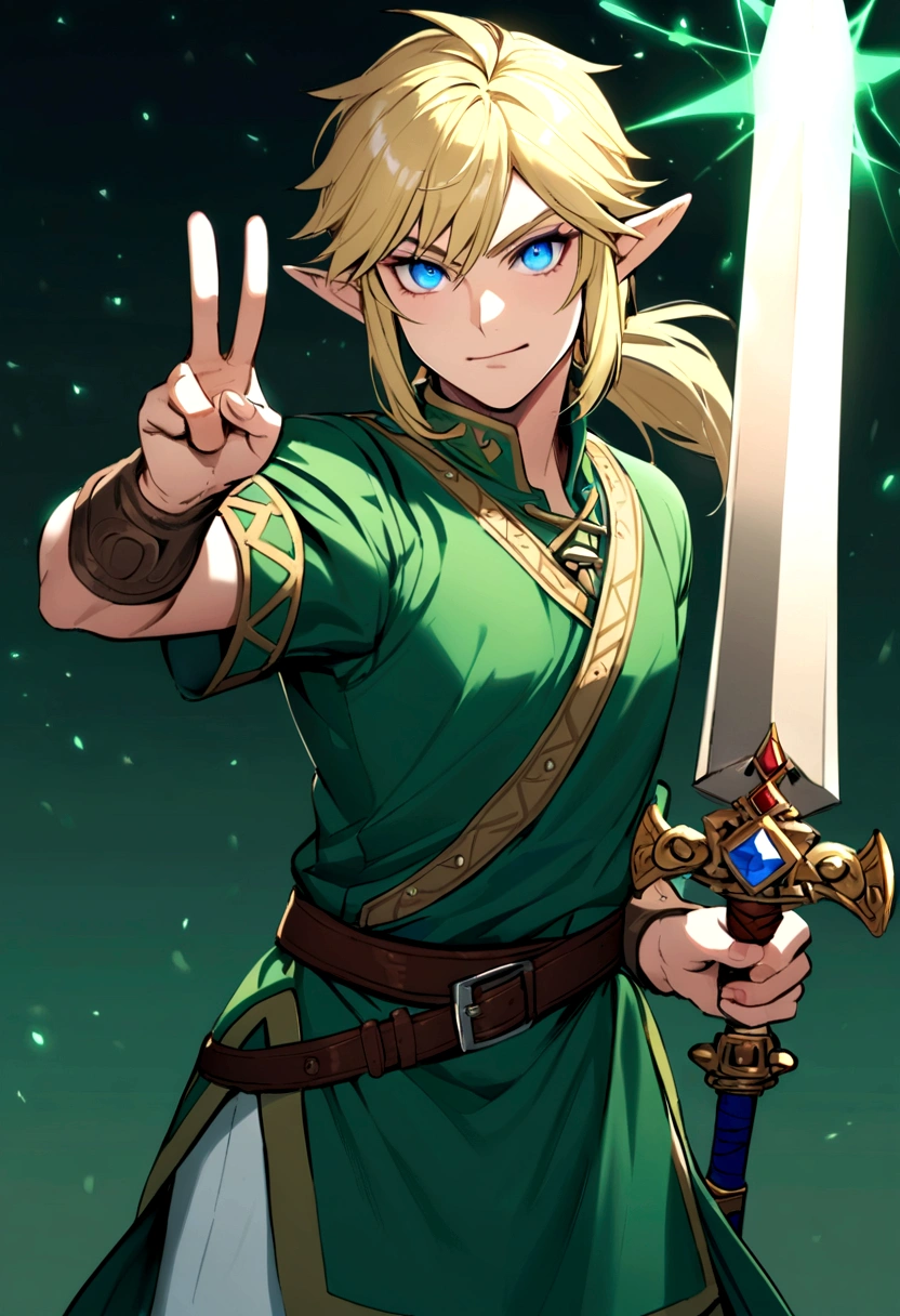blonde taehyung impersonating link from the zelda game, v has elf ears, blonde hair and blue eyes, green tunic and his master sword