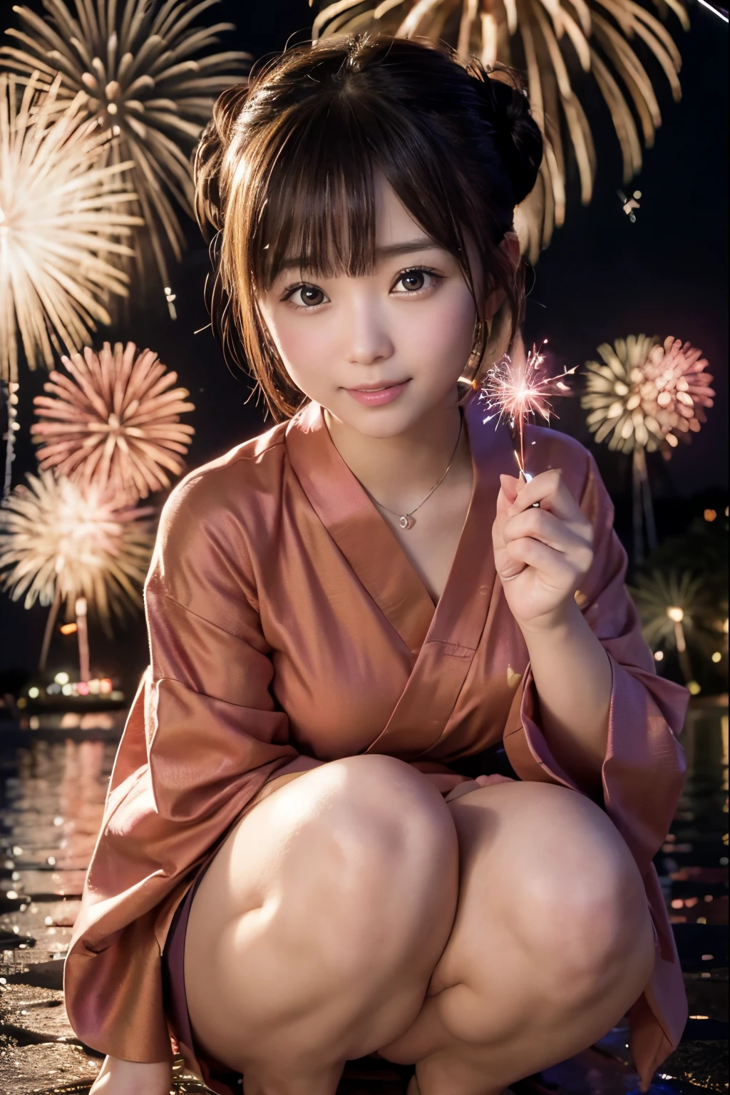 Perfectly Anatomically Correct:1.4, 5 Beautiful finger:1.4, 
Shooting-up Fireworks are Prohibited:1.8, 
1 Japanese Girl, Very Short Hair Bun:1.2, Wide-Set Eyes, Very White Skinned, Blush, Bashfully, 18-Year-Old, Open Mouse Slightly, 
Cute Eyes, Brown Hair, Light Smiling, Cheerful, 
(Japanese Sparklers Within Reached Arm:1.4), 
(Point Fireworks at Viewer:1.4), 
Squatting:1.2, (Pale-Red Japanese Clothes, Yukata, Kimono), 
Non-Nipple:1.2, 
Looking Up Viewer:1.2, 
Riverside, 
 BREAK 
8K, RAW Photo, Best Quality, Masterpiece, Realistic, PhotoRealistic, Extremely Detailed 8K Wallpaper, Beautifully Detailed Eyes, Finely Detailed Face, POV Shot, 
 BREAK 
High-Key Lighting, Professional Lighting, Bokeh:1.2