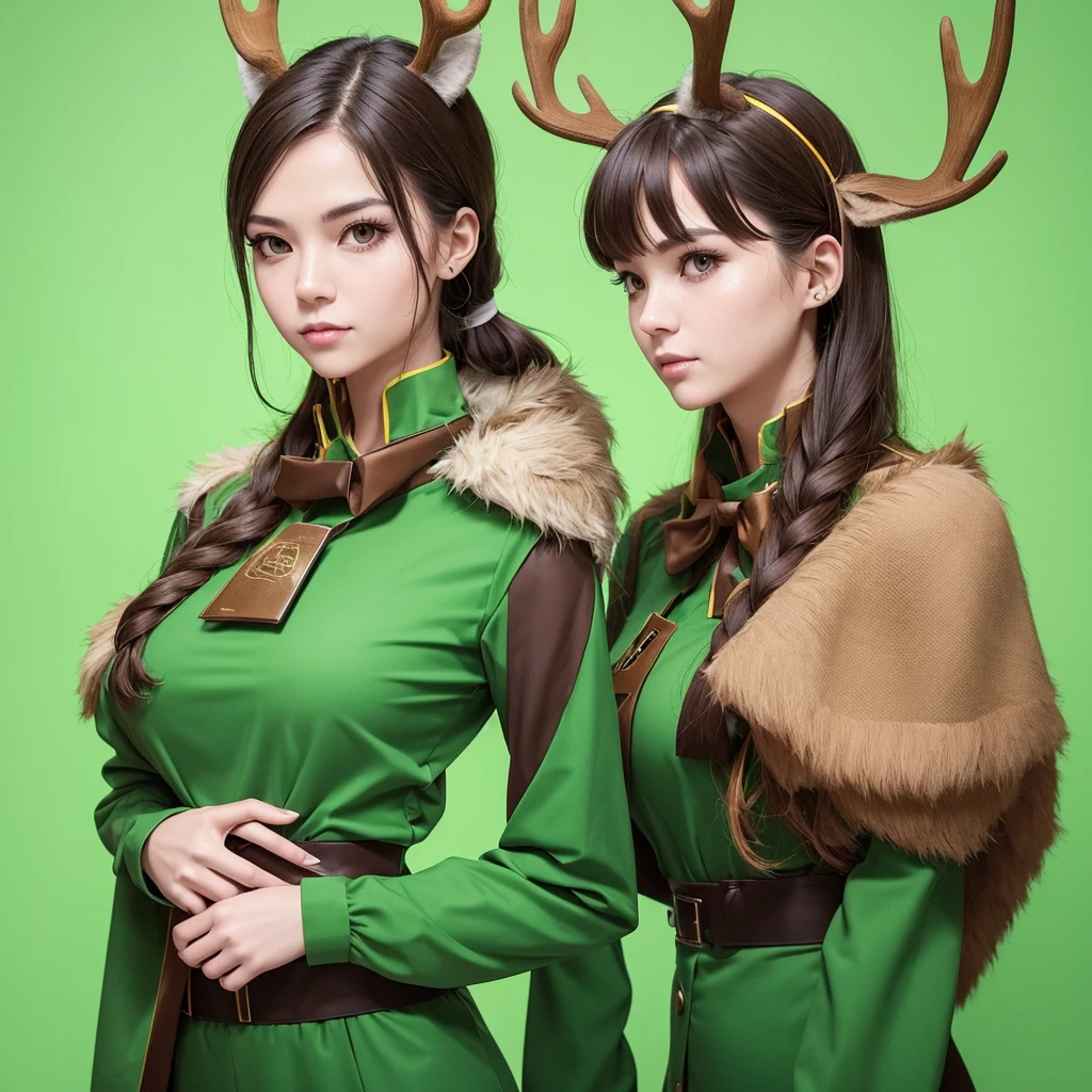 Generate an image of a female public relations activist dressed in a deer cosplay costume, with a serious expression, standing upright and facing directly forward in a chest-up portrait style, resembling a passport photo. She is wearing green clothing. Ensure the background is simple to highlight her presence.