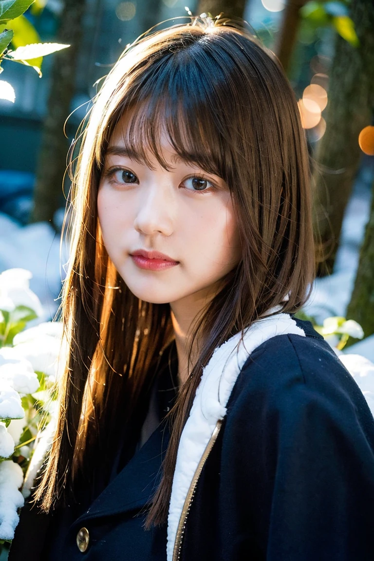 (Highest quality, 8K quality, masterpiece:1.3), (Ultra-high resolution, Photorealistic:1.4, RAW Photos), (Very detailed, Caustics, Detailed Background), (Ultra-Realistic Capture, Beautiful and detailed skin, Perfect Anatomy)、Portrait、In the snow、evening、Bright and very beautiful face、Younger, brighter, whiter skin、Best Looks、The most beautiful light blonde hair in the world、Thin Hair、Super long, silky straight hair、Shiny beautiful bangs、Shining, clear, big blue eyes、A very beautiful and adorable 16 year old、The most beautiful girls in the world、Winter coat。She stands in the snowy woods、eveningの光が彼女の肌と髪を美しく照らしています。白いWinter coatが彼女のエレガントさを際立たせています。