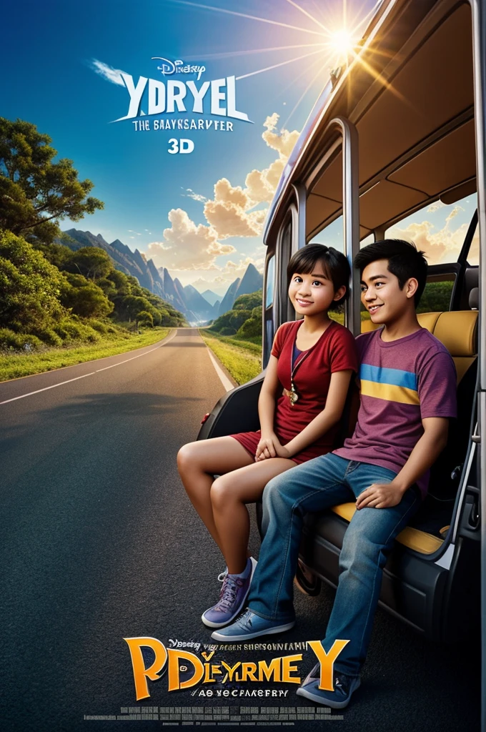 Disney-Pixar movie poster. Featuring thai lover ager that the boy is photographer and the girl is programmer and they love to travel by car very much. include the title is "you and me together" in a 3D Disney- Pixar style