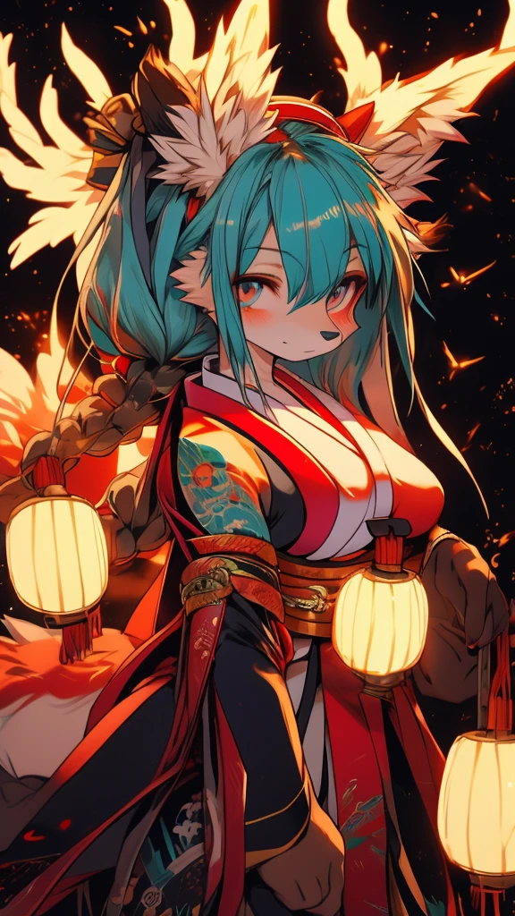 Miku Hatsune 18 year old girl, add high definition_detail:1, blue fur,kitsune ears, japanese tattoo art add_detail:1, arms in the air, japanese samuray costume add_detail:1, glowing body