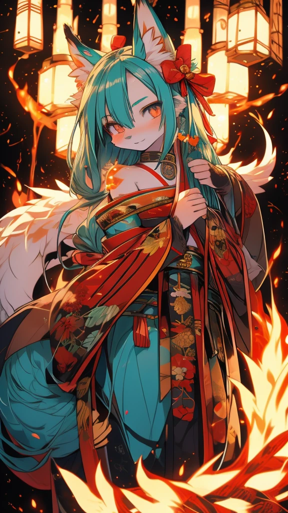 Miku Hatsune 18 year old girl, add high definition_detail:1, blue fur,kitsune ears, japanese tattoo art add_detail:1, arms in the air, japanese samuray costume add_detail:1, glowing body
