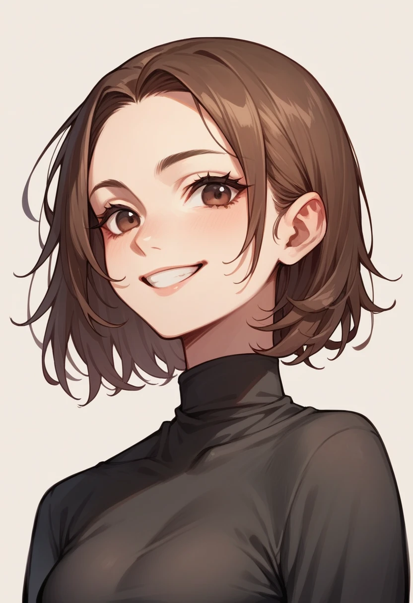 Create a girl with brown hair in a black bodycon dress with long sleeves and a rectangular neckline with light tanned skin dark brown eyes and smiling in a black denarius with a gradient to gray