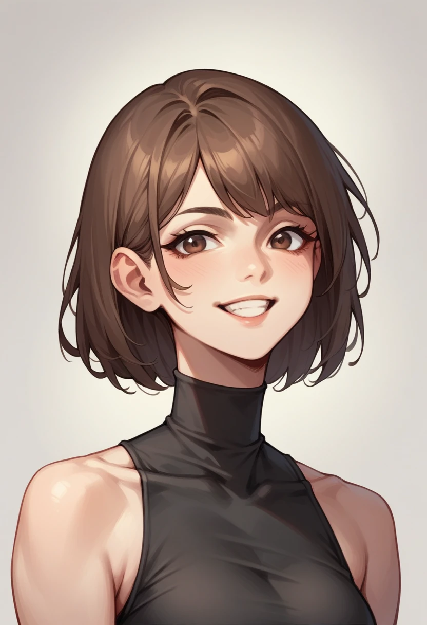 Create a girl with brown hair in a black bodycon dress with long sleeves and a rectangular neckline with light tanned skin dark brown eyes and smiling in a black denarius with a gradient to gray