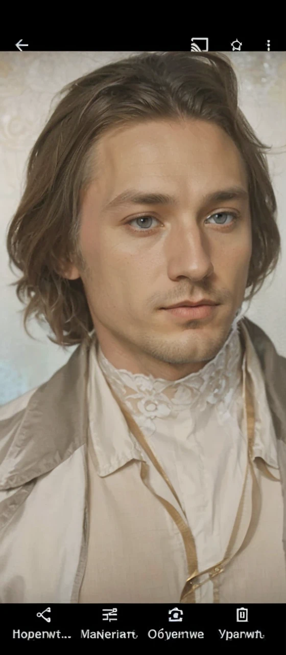 Portrait of Heinrich Heine, white skin, greyish-blue eyes, silky golden-brown hair, refined features, charp jawline, clean shaved, white laced shirt, Art Nouveau style, Mucha style, Mucha background, realism, high quality
