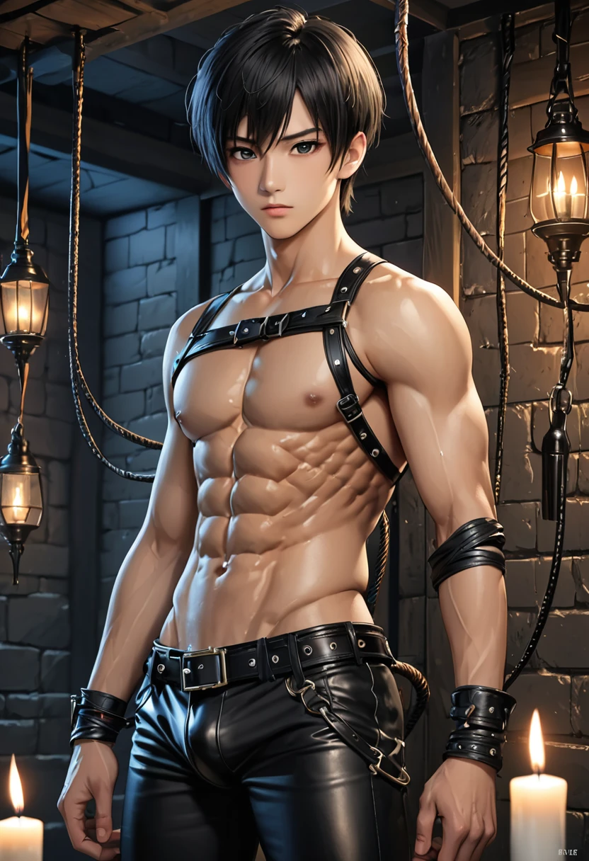 high quality, detailed, Realistic, (19 years old japanese idol boy), (detailed black eyes), (black short hair), (abs:1.5), (shiny skin), (whip), (leather bondage), dungeon, harness, (leather tiny thongs), (bulge:1.2), candle, (detailed areola:1.2)