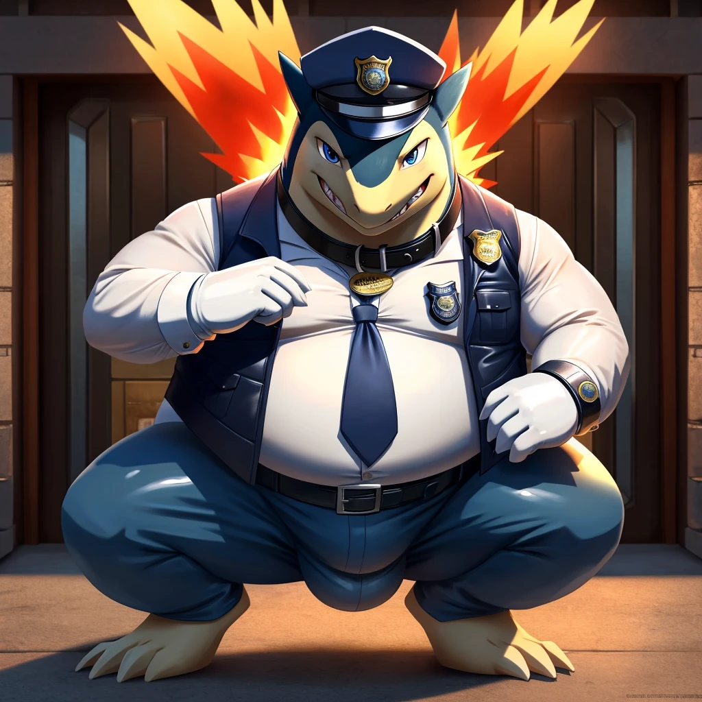 Solo, Male, fat, squatting, extremely obese, gentleman, dapper Professor Typhlosion, blue eyes, (soft shading), 4k, hi res, ((detailed face, detailed)), looking at viewer, evil grin, police station, collared shirt with buttons, hat, male focus, Police Uniform, glasses, monocle, vest with buttons, sleeves rolled up, round eyewear, headwear, vest, Typhlosion is wearing a glossy leather dog collar around the neck, Typhlosion is wearing the leather collar and shirt and vest at the same time, Typhlosion is wearing glossy white rubber gloves on the hands, wearing white rubber gloves on the feet, Typhlosion is wearing glossy white cuffs around the wrists with cufflinks, gloves are rubber in texture, clenching teeth, clenching fists, leather collar is glossy and shiny with a lot of detail, Typhlosion is wearing gloves and cuffs and cufflinks at the same time, leather collar has a round dog-tag, leather collar is thick and detailed.